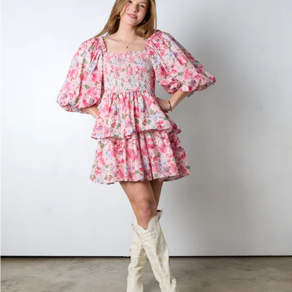 Floral Pink Smocked Dress with Puff Sleeves